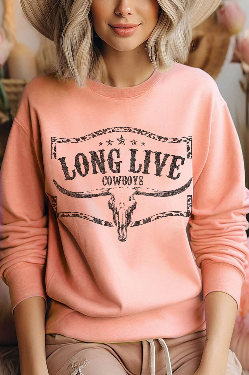 Long Live Cowboys Cow Skull Graphic Brushed Sweatshirts
