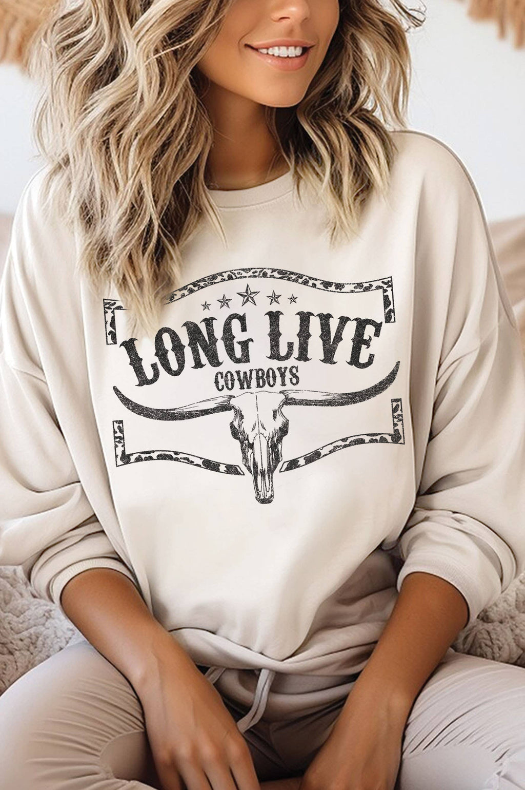 Long Live Cowboys Cow Skull Graphic Brushed Sweatshirts