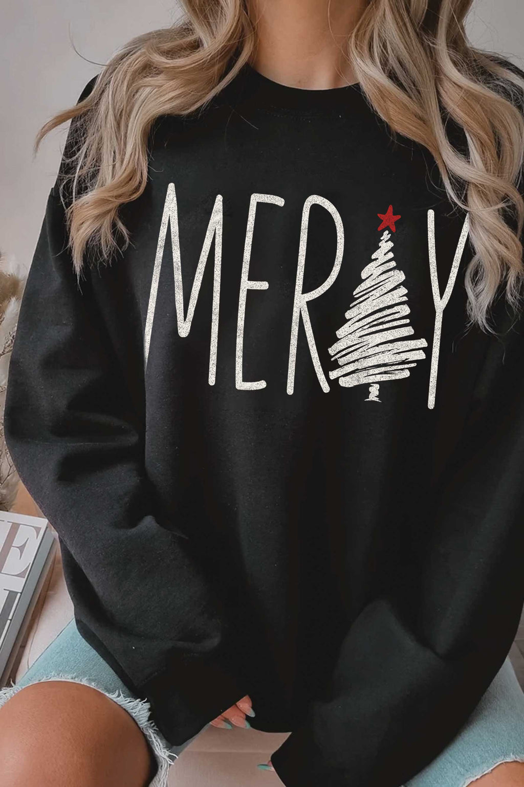 Merry Christmas Tree Graphic Brushed Sweatshirts