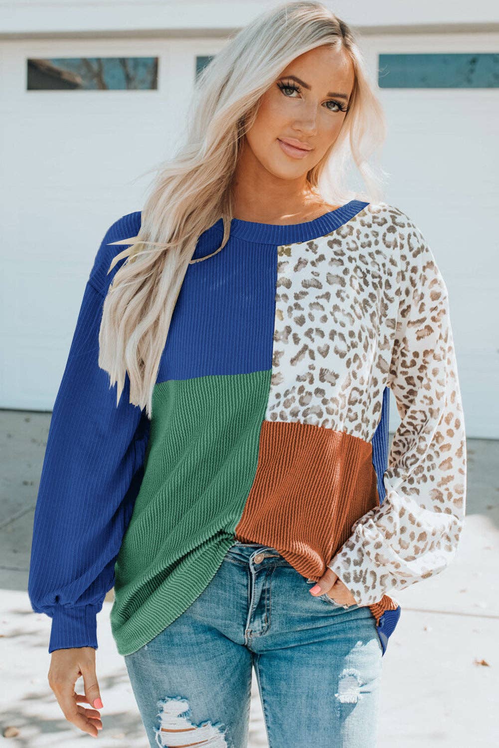 New Colorblock Leopard Print Knitted Long Sleeve Top