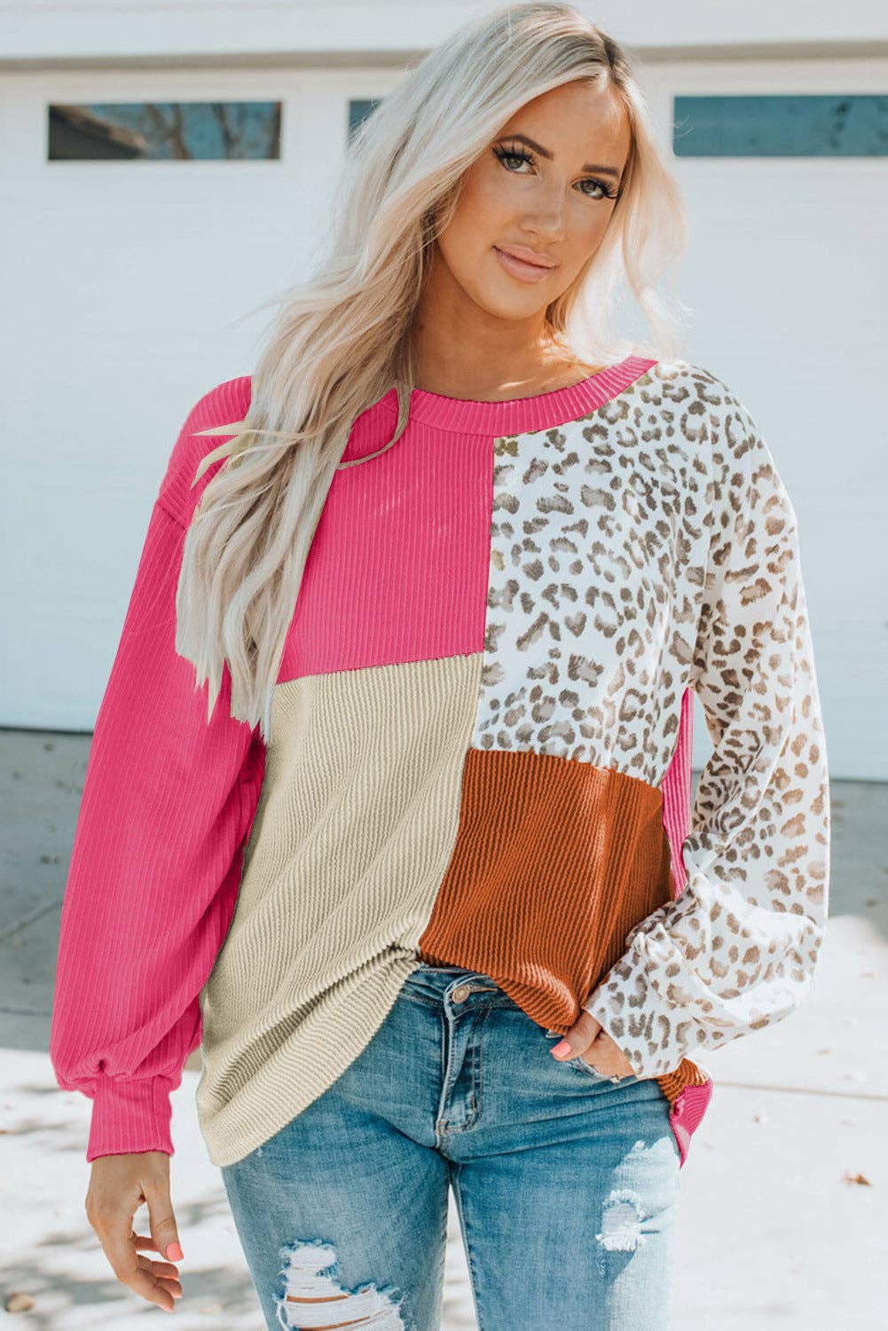 New Colorblock Leopard Print Knitted Long Sleeve Top