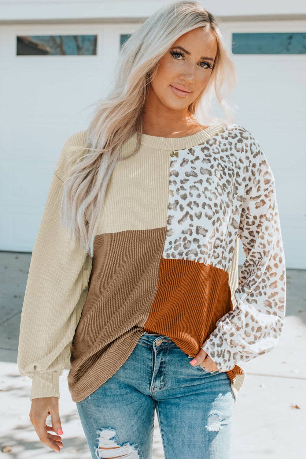 New Colorblock Leopard Print Knitted Long Sleeve Top