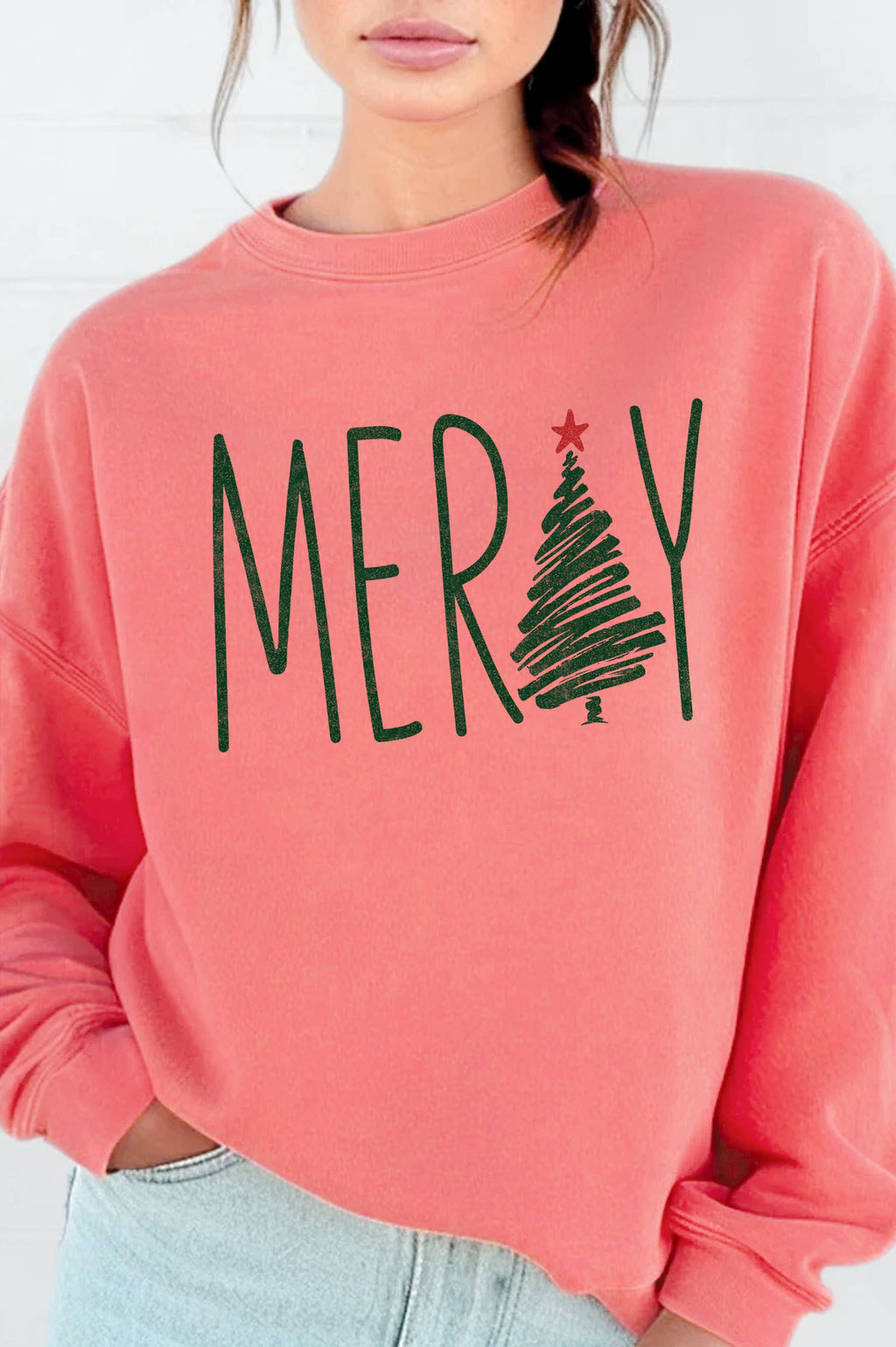 Merry Christmas Tree Graphic Brushed Sweatshirts