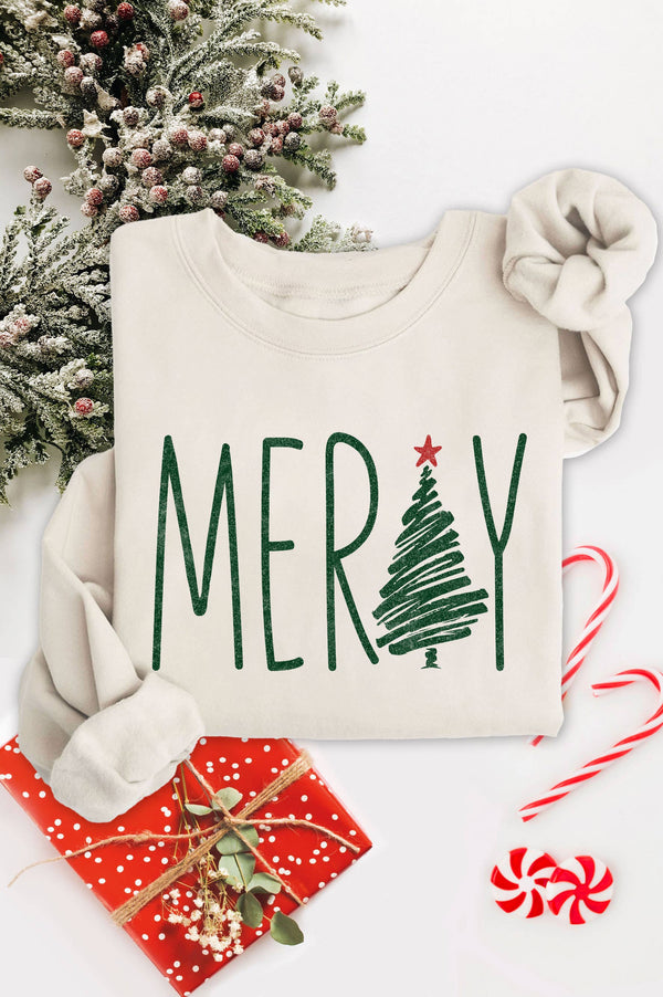 Merry Christmas Tree Graphic Brushed Sweatshirts