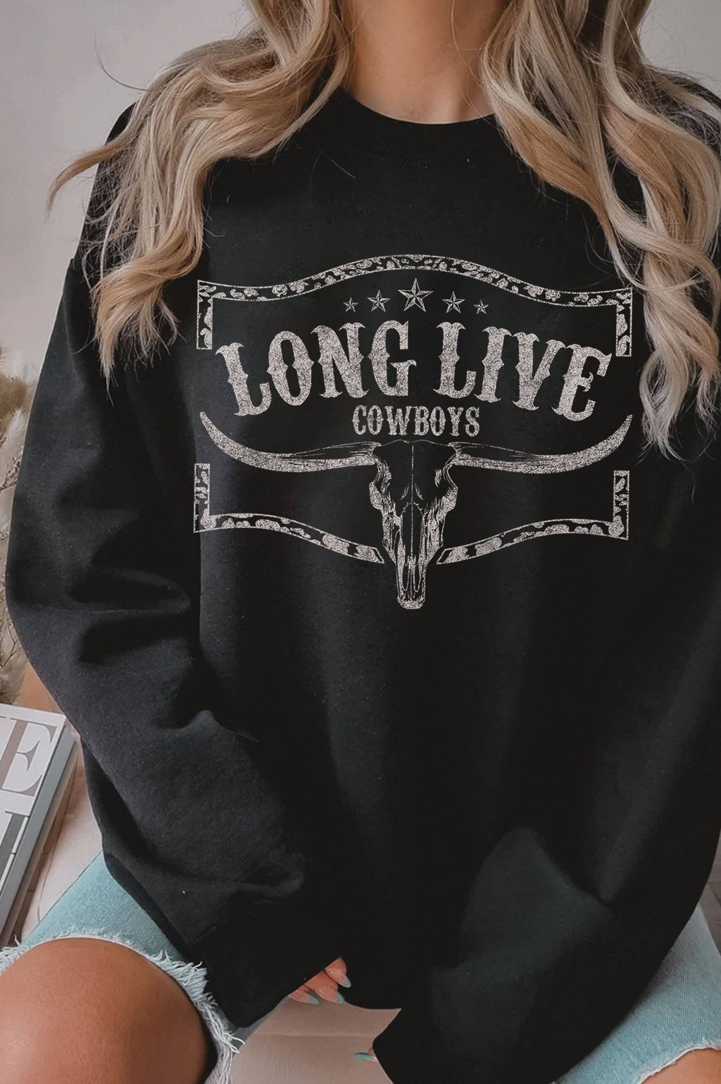 Long Live Cowboys Cow Skull Graphic Brushed Sweatshirts