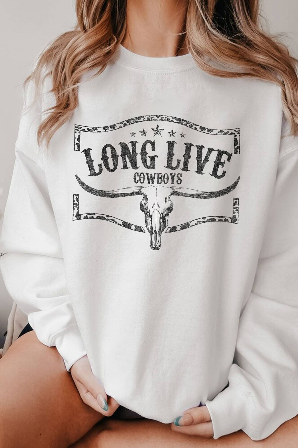Long Live Cowboys Cow Skull Graphic Brushed Sweatshirts