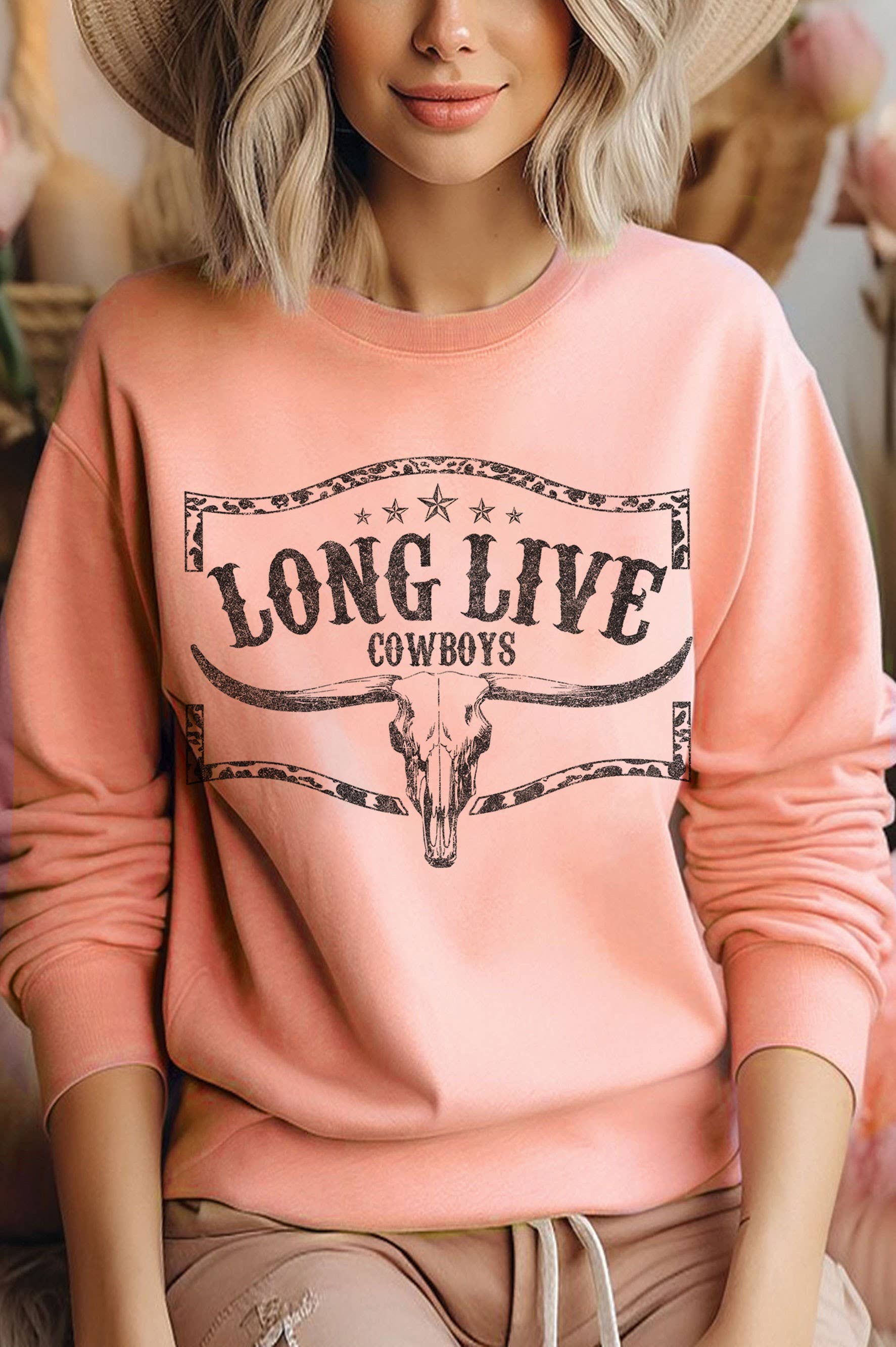 Long Live Cowboys Cow Skull Graphic Brushed Sweatshirts