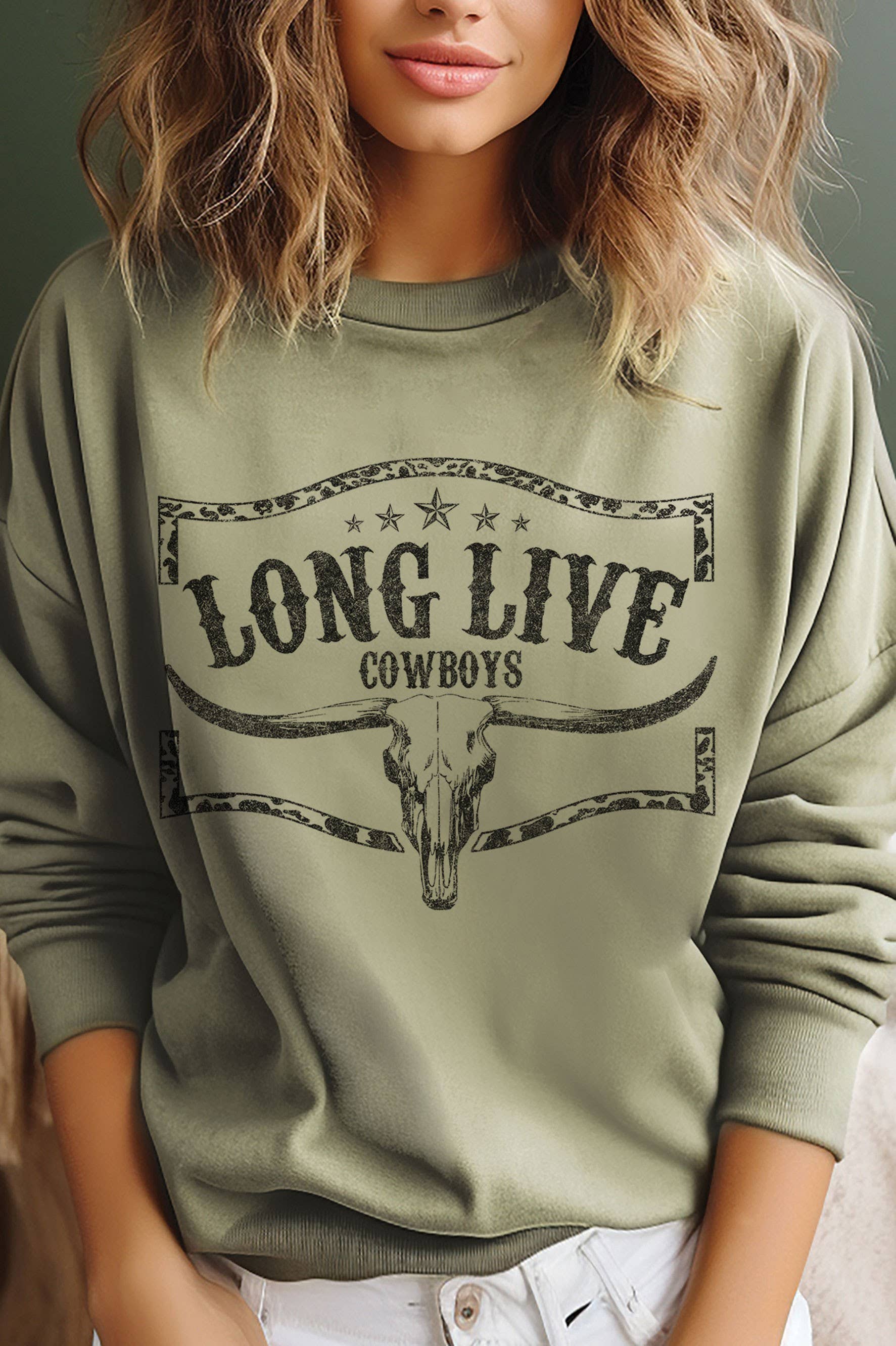 Long Live Cowboys Cow Skull Graphic Brushed Sweatshirts