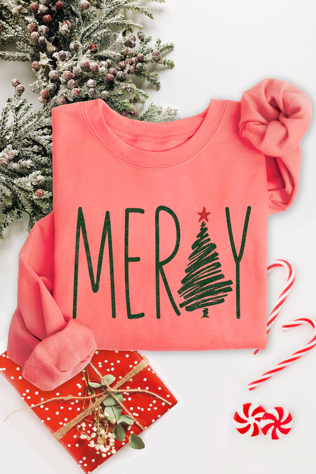 Merry Christmas Tree Graphic Brushed Sweatshirts