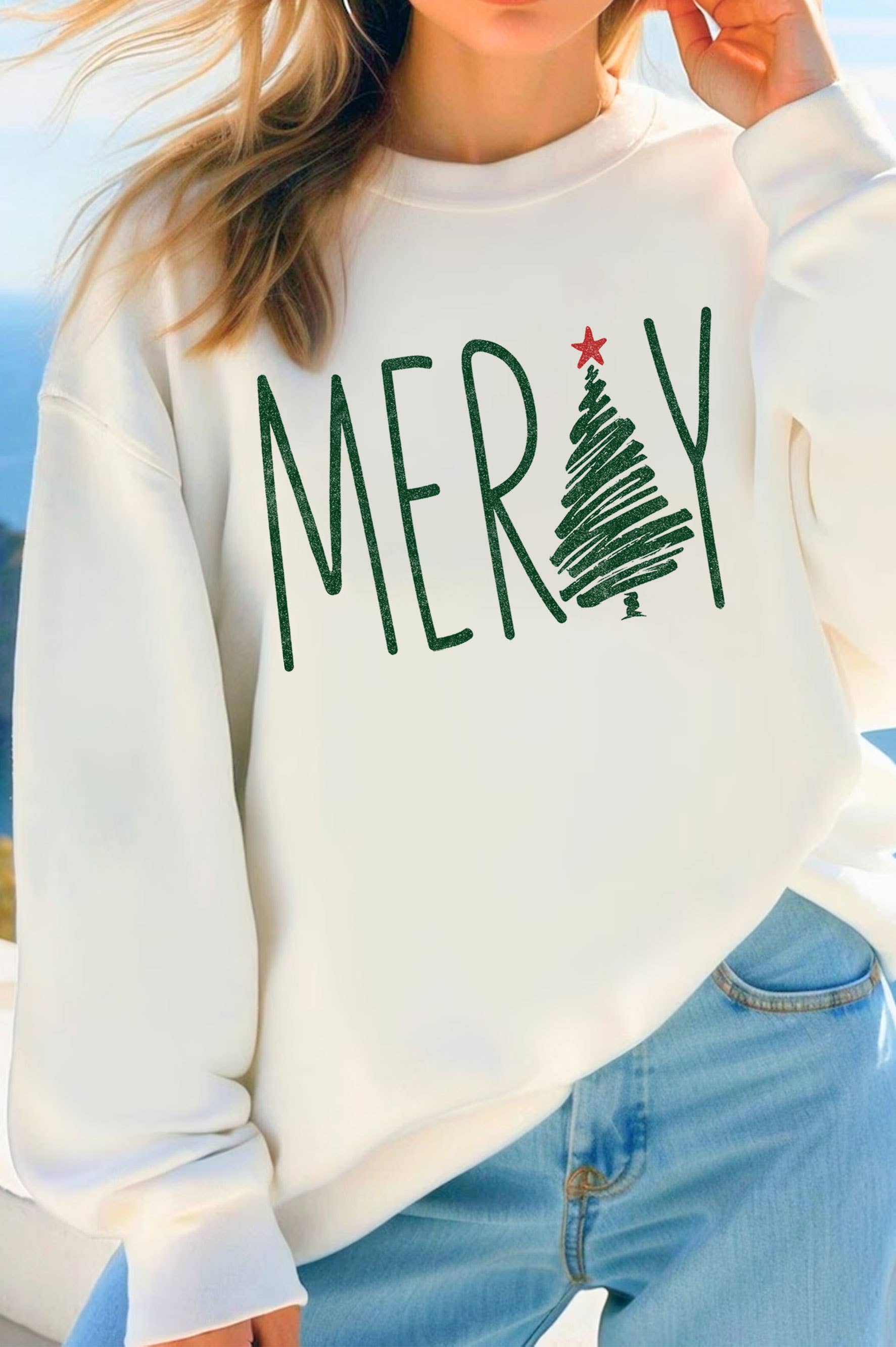 Merry Christmas Tree Graphic Brushed Sweatshirts