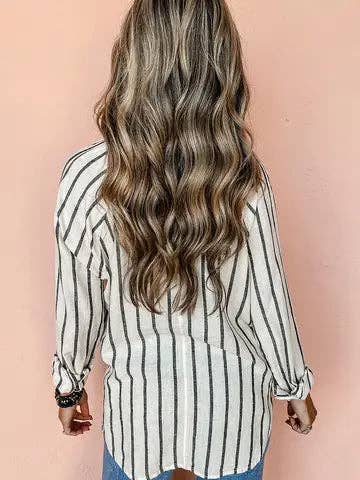 Oversized Striped Button Up Shirt With Chest Pocket