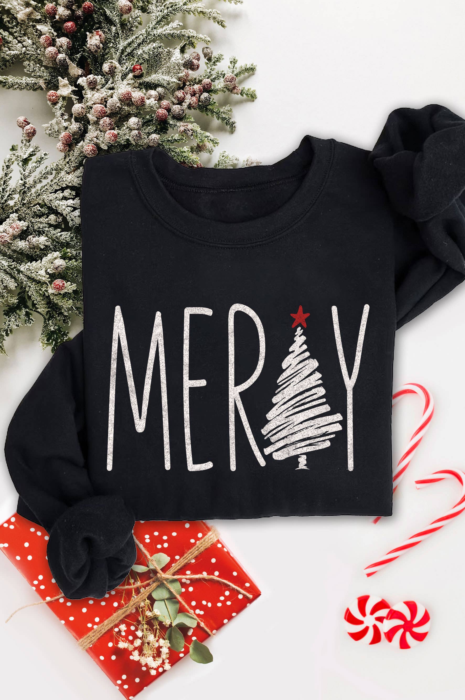 Merry Christmas Tree Graphic Brushed Sweatshirts