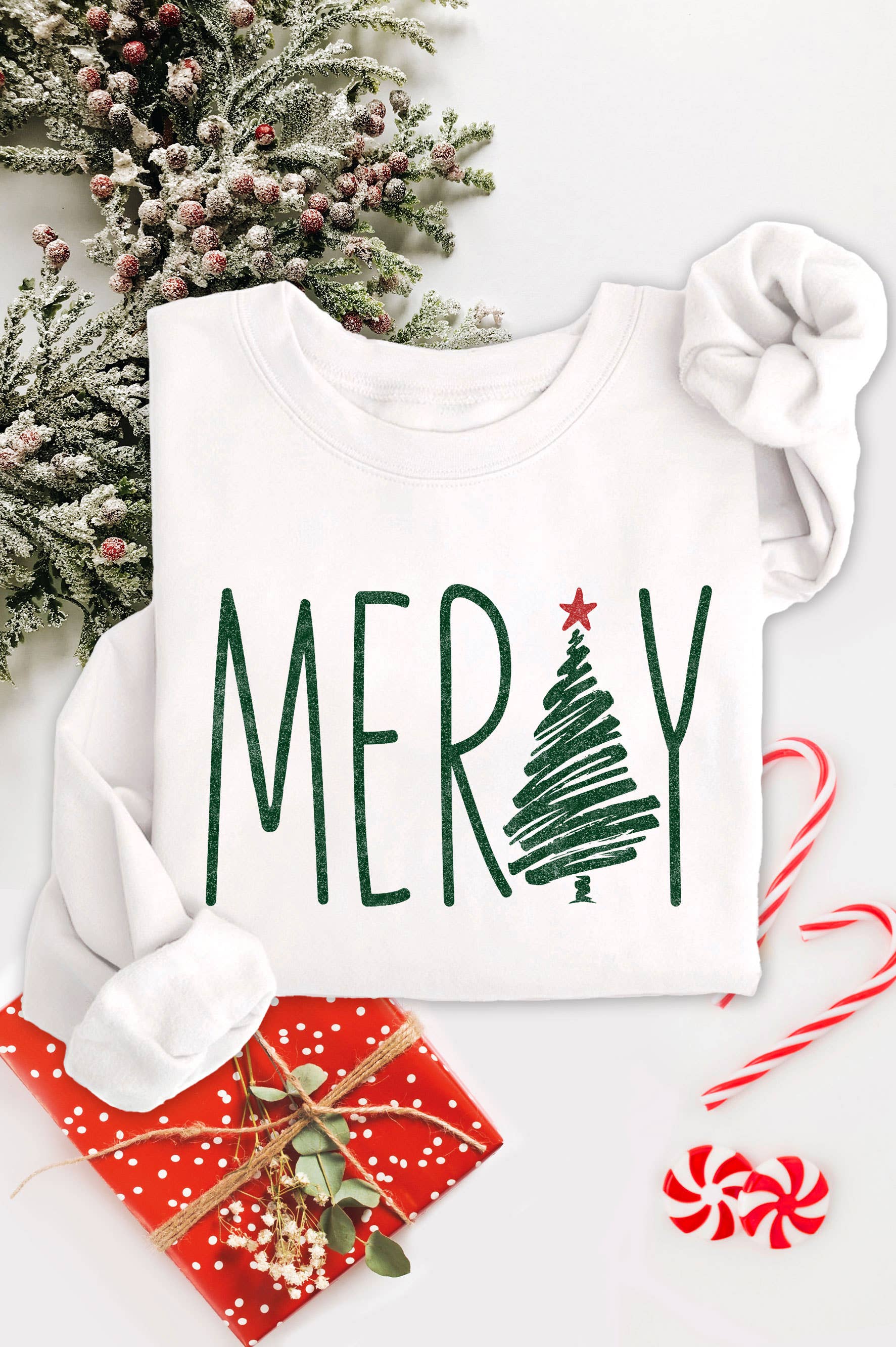 Merry Christmas Tree Graphic Brushed Sweatshirts