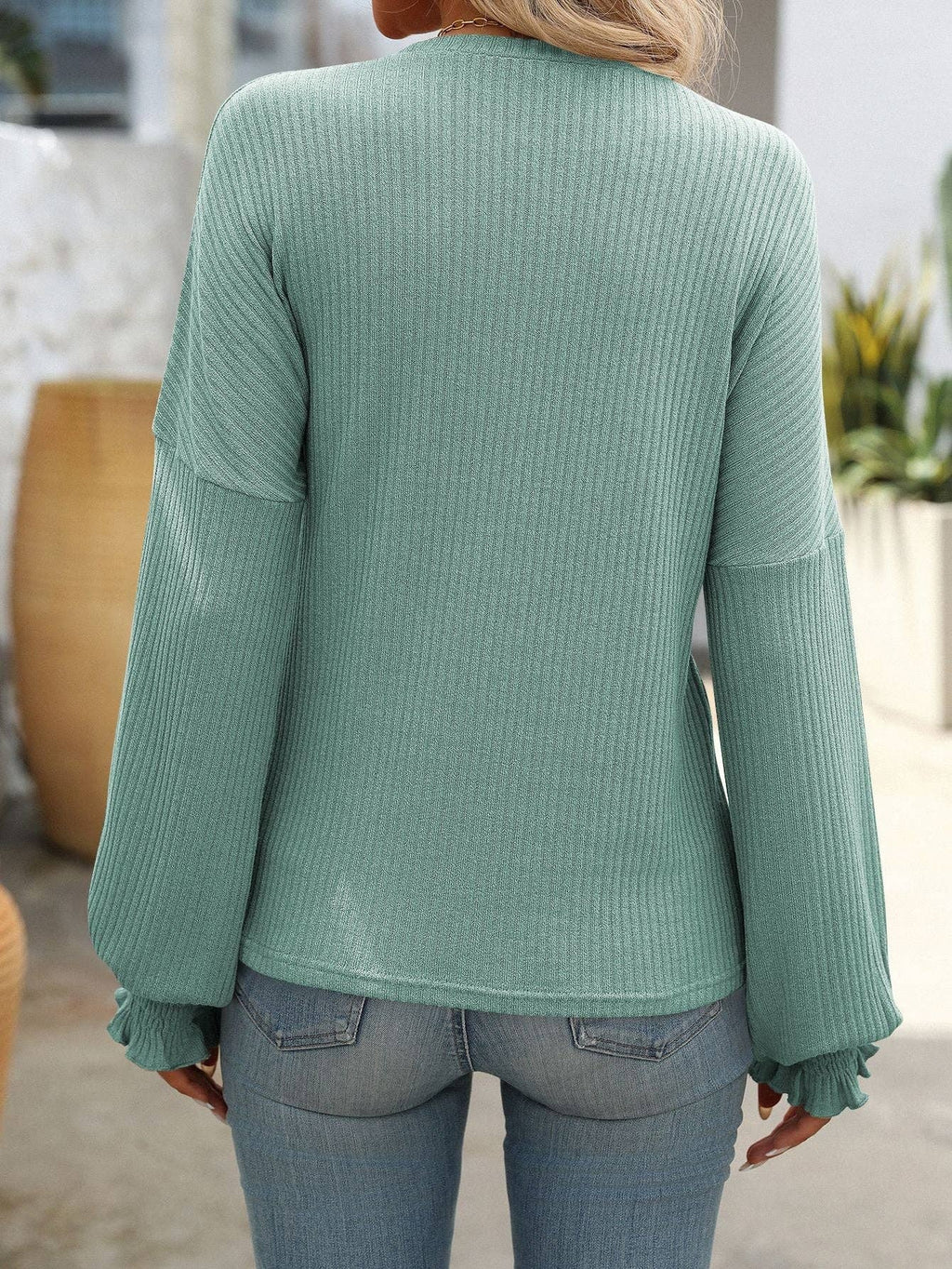 Ribbed Knit Crewneck Pullover With Smocked Cuffs