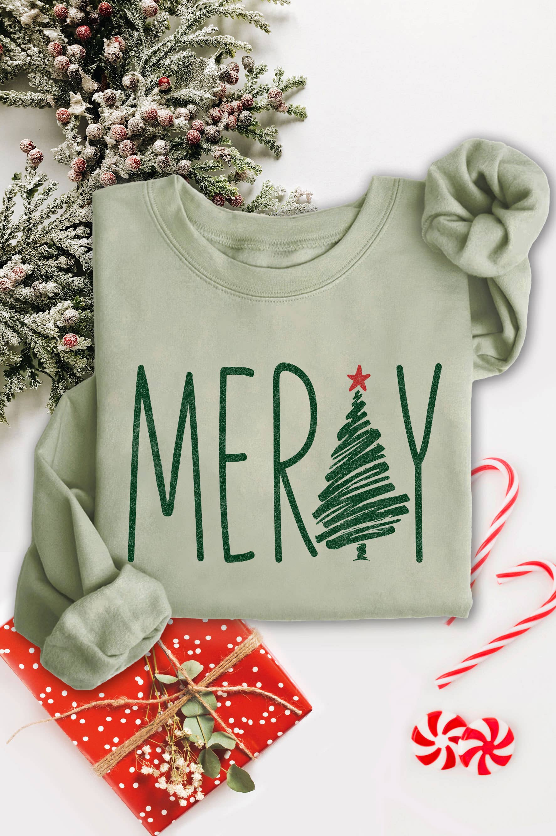 Merry Christmas Tree Graphic Brushed Sweatshirts